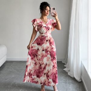 Elegant Floral Pleated Maxi Dress