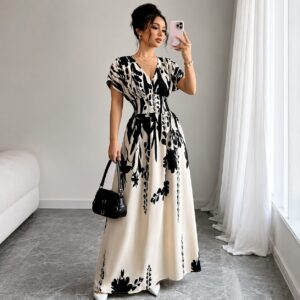Elegant Ink Print Maxi Dress