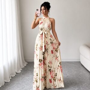 Floral Pleated Halter Maxi Dress